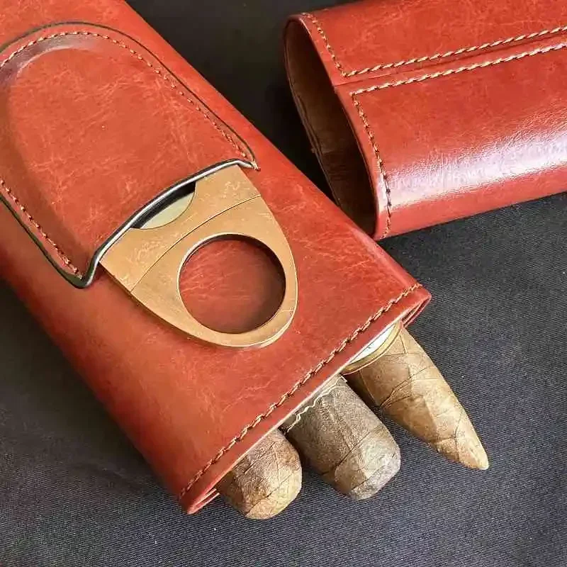 

Portable Durable Leather Case Holder 3 Cigar Case Tube Travel Brown Cigar Cedar Humidor With Cigar Cutter97