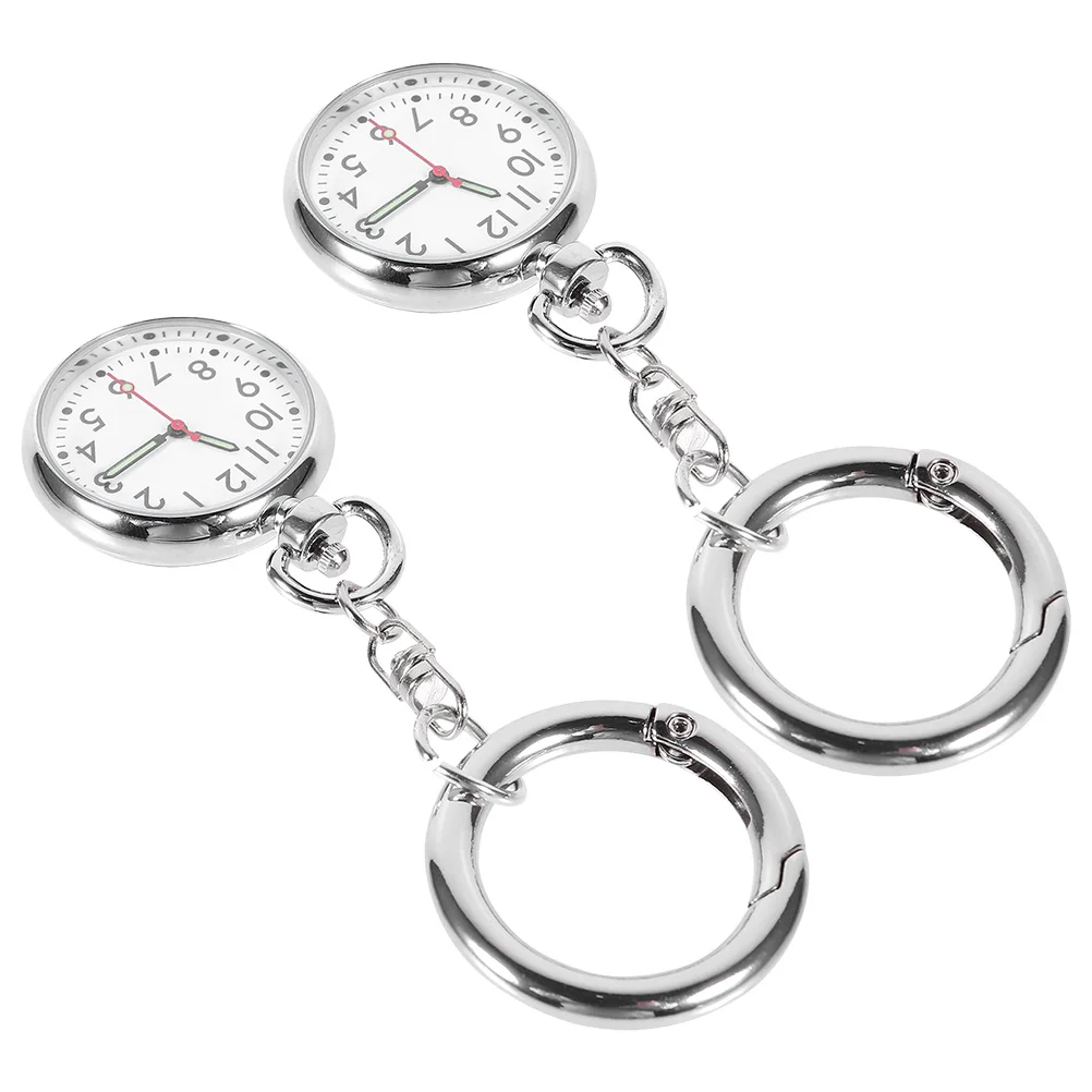 2Pcs Nurse Chest Hanging Watches Portable Keychain Pocket Watches Clear Pointer Medical Staff Practical Gift Durable Silver