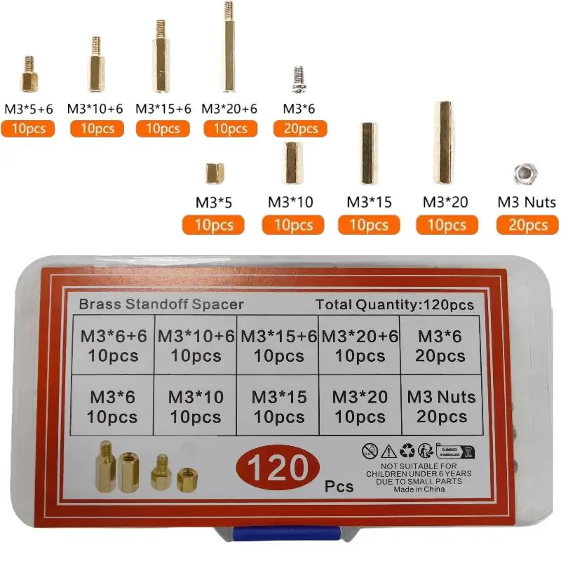 Heavy Duty Brass Standoff Assortment Kit M3 120Pcs Stainless Steel Screws Nuts for Industrial Electronic Assembly