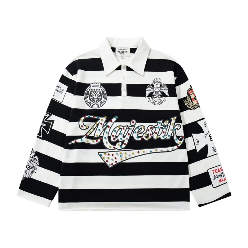 Majestik Long Sleeved Tees Black White Stripes Loose Tops Men Women Letter Printed Rhinestone Polo T-shirts