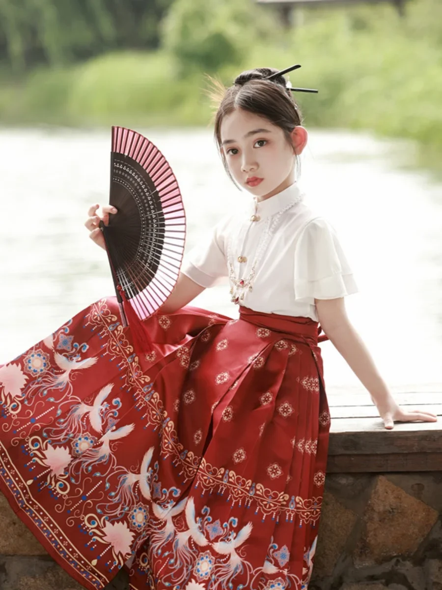 

2023NEW Summer Chinese Rred GreenHanfu Dress For Girls Traditional printing Horse-face Skirt For Kids Princess Girls Skirt