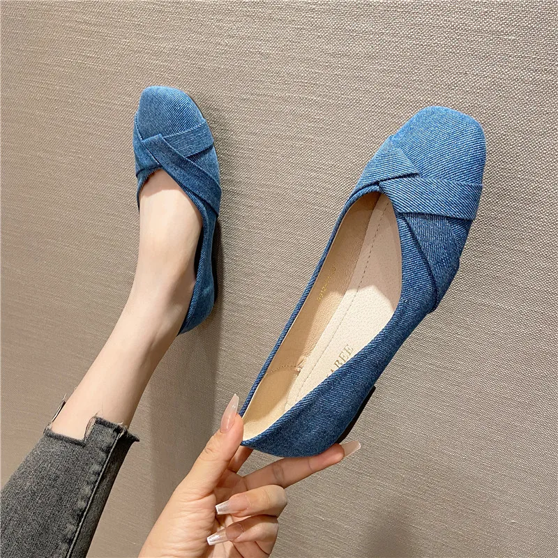 Women Flats Denim Cloth Blue Shoes for Ladies Square Head Solid Color Size 35-41 Spring Summer Autumn Shoes Flat Heel All Match