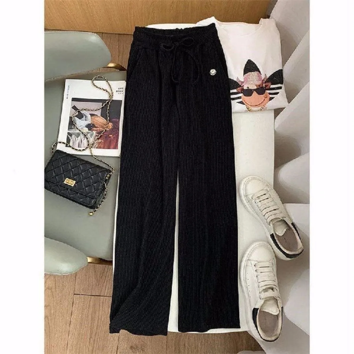 Eleganckie, codzienne spodnie damskie o prostych nogawkach z uroczym nadrukiem uśmiechniętej twarzy, ze sznurkiem, luźne, długie, do biura, nowa kolekcja odzieży damskiej.