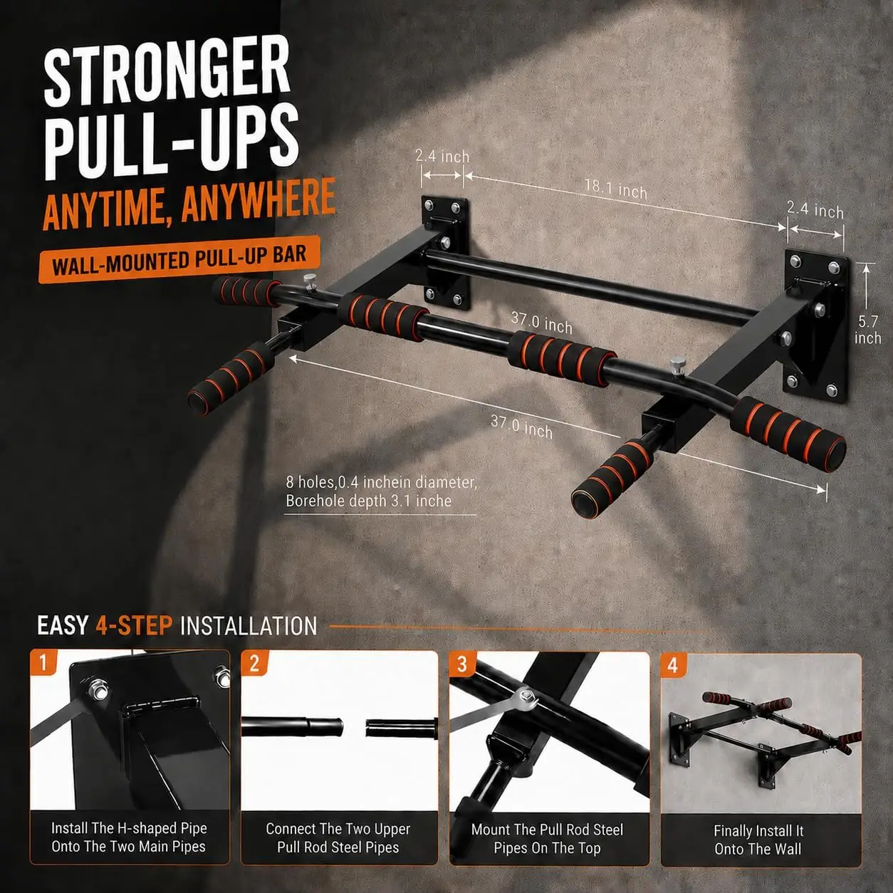 Pull-Up Bar for Home Gym, Wall-Mounted Heavy-Duty Chin-Up Bar Holds up to 500 LBS