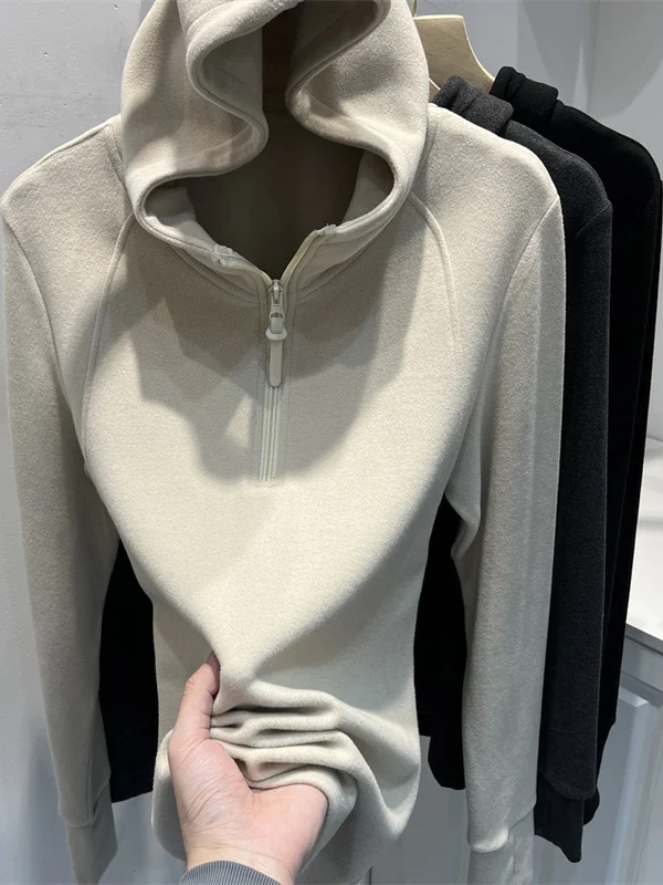Women's Long Sve Fce-lined Zipper Hoodie Double-sided Brued Thermal Top Casual Comfortable Polyester T-irt