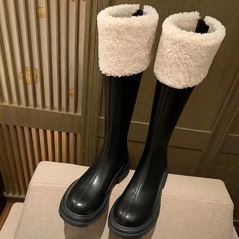 Dropshipping Plush Thick-Soled Snow Boots Retro Splicing Heightened And Thin Knight Boots Casual Versatile Sexy Women's Boots