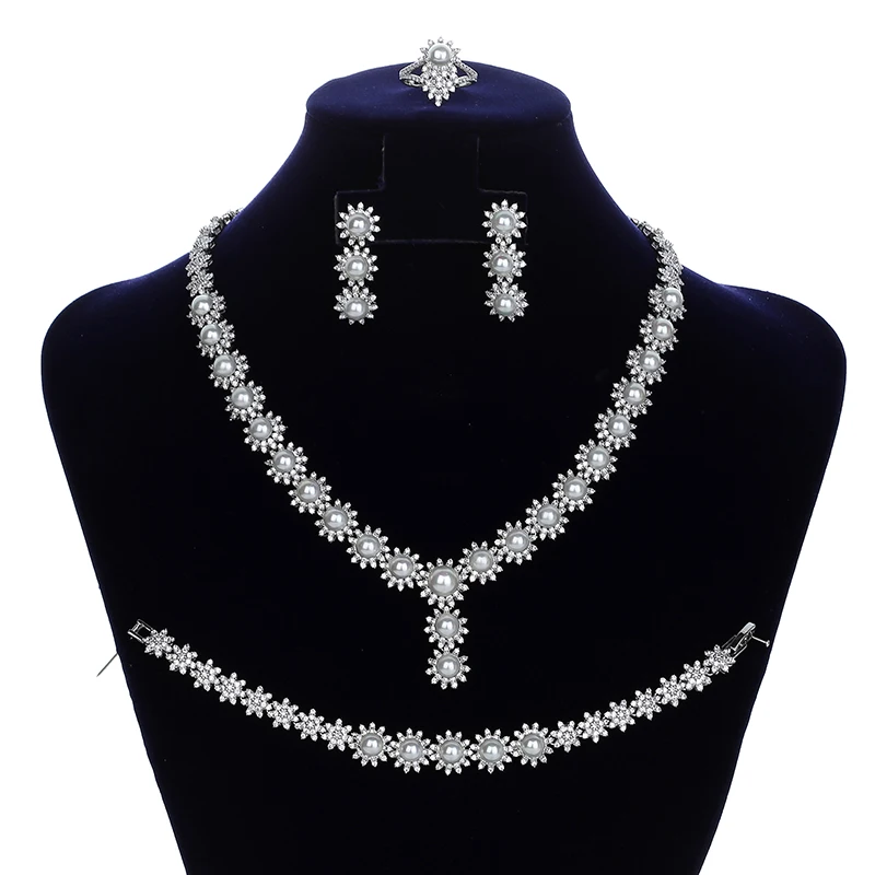 Jewelry Sets HADIYANA Flower And Pearl Necklace Earrings Ring And Bracelet Set Wedding Jewelry Zircon CNY0113 Party Gifts