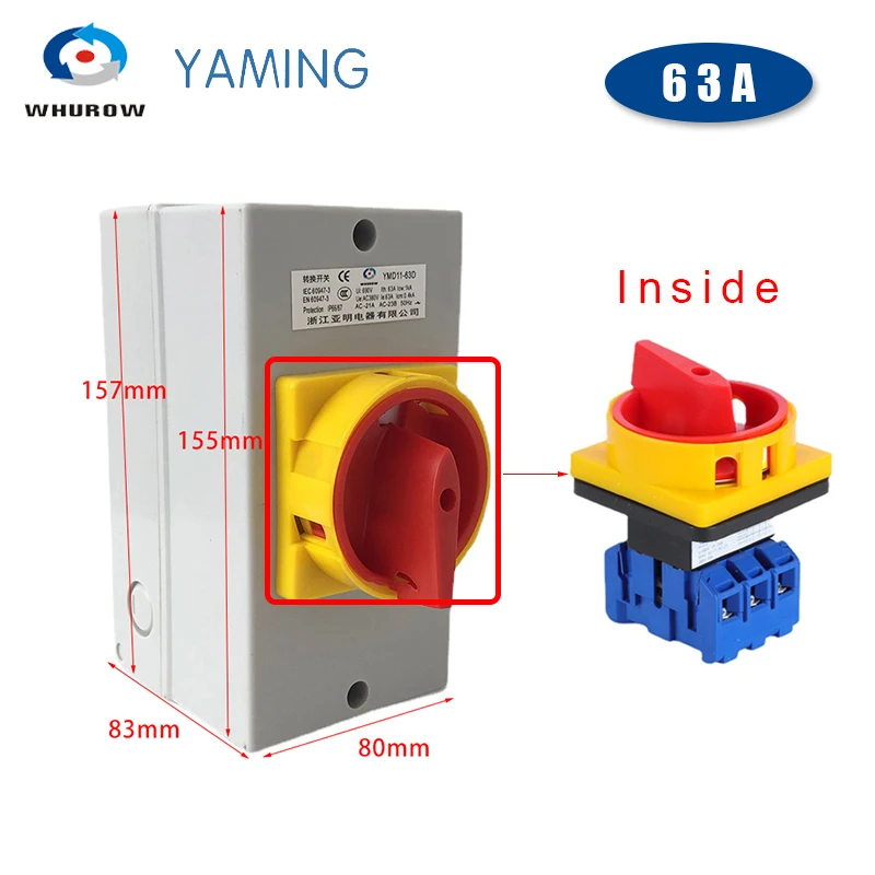 YMD11-63D ON-OFF Two Positions Isolator Disconnect Switch 63A 3P Padlock Cam Changeover With IP65 Waterproof Box Enclosure