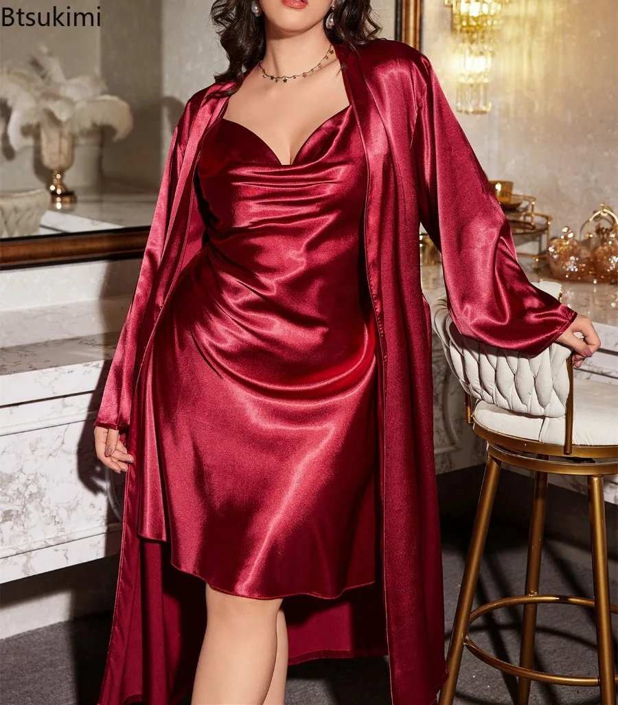 Women's Solid Color Printed Home Wear Thin Outer Long Sleepwear Set Tie Up Nightgown and Skirt Two-piece Set XL-5XL Large Size