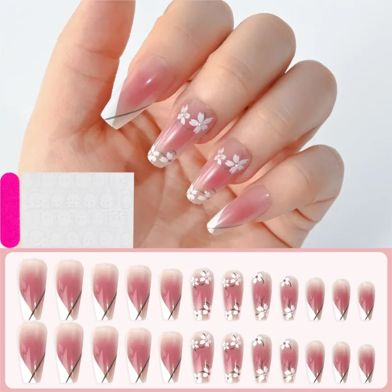 144Pcs/6Packs Flower Rhinestone Fake Nail Set Multiple Patterns Full Cover Long Coffin Press On Nails DIY Acrylic False Nail Tip