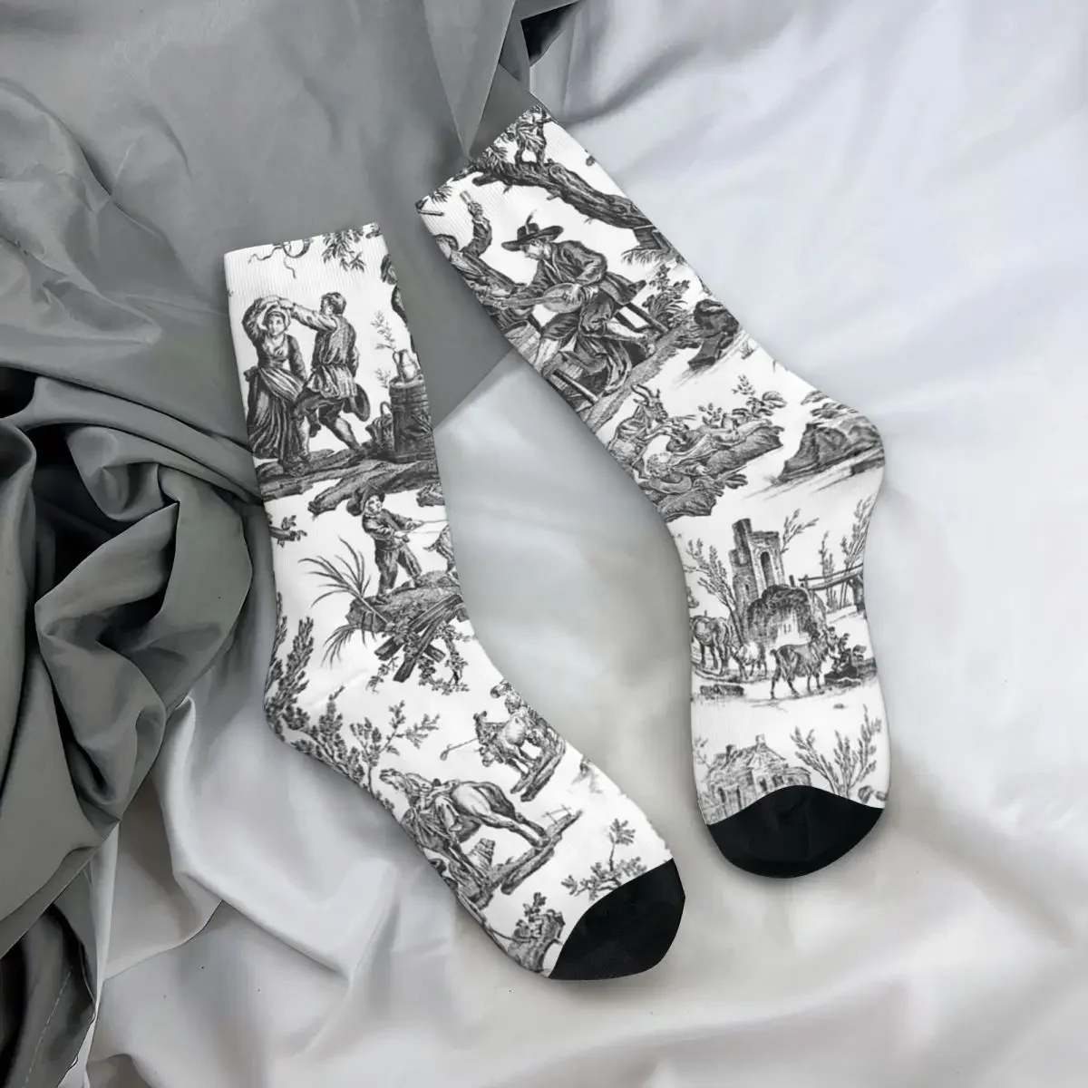 

All Seasons Crew Stockings Black And White Toile De Jouy Socks Crazy Hip Hop Long Socks for Men Women Valentine's Day Gifts