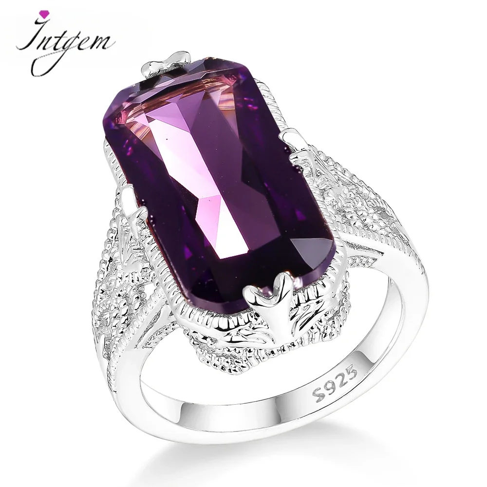 925 Sterling Silver Ring 10*20mm Big Amethyst Gemstone Ladies Wedding Ring Cutout High Quality High Silver Jewelry Gifts