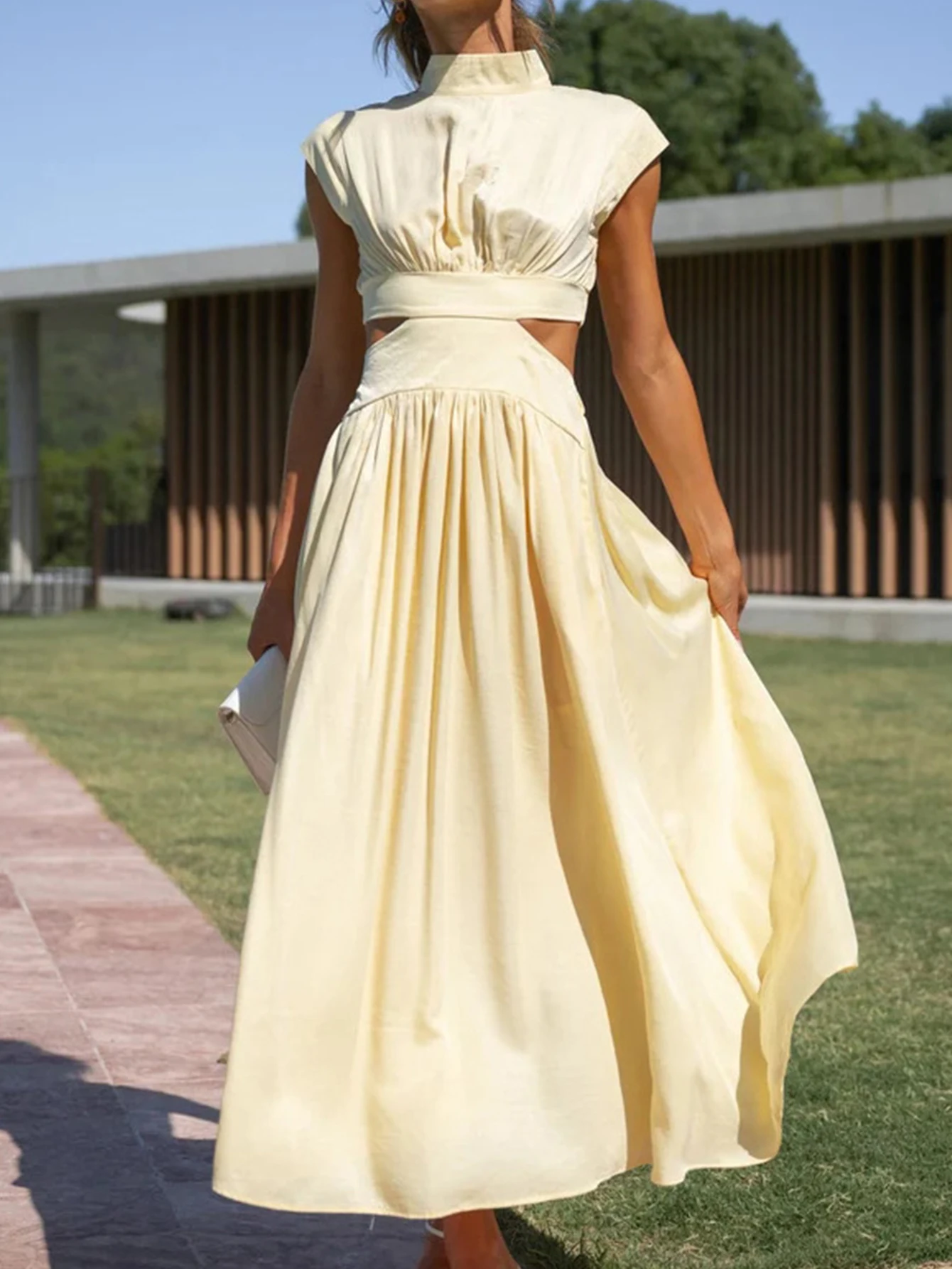 Vestidos largos de otoño para mujer, corte entallado, Color sólido, manga casquillo, cuello levantado, vestido midi de cambio para vacaciones