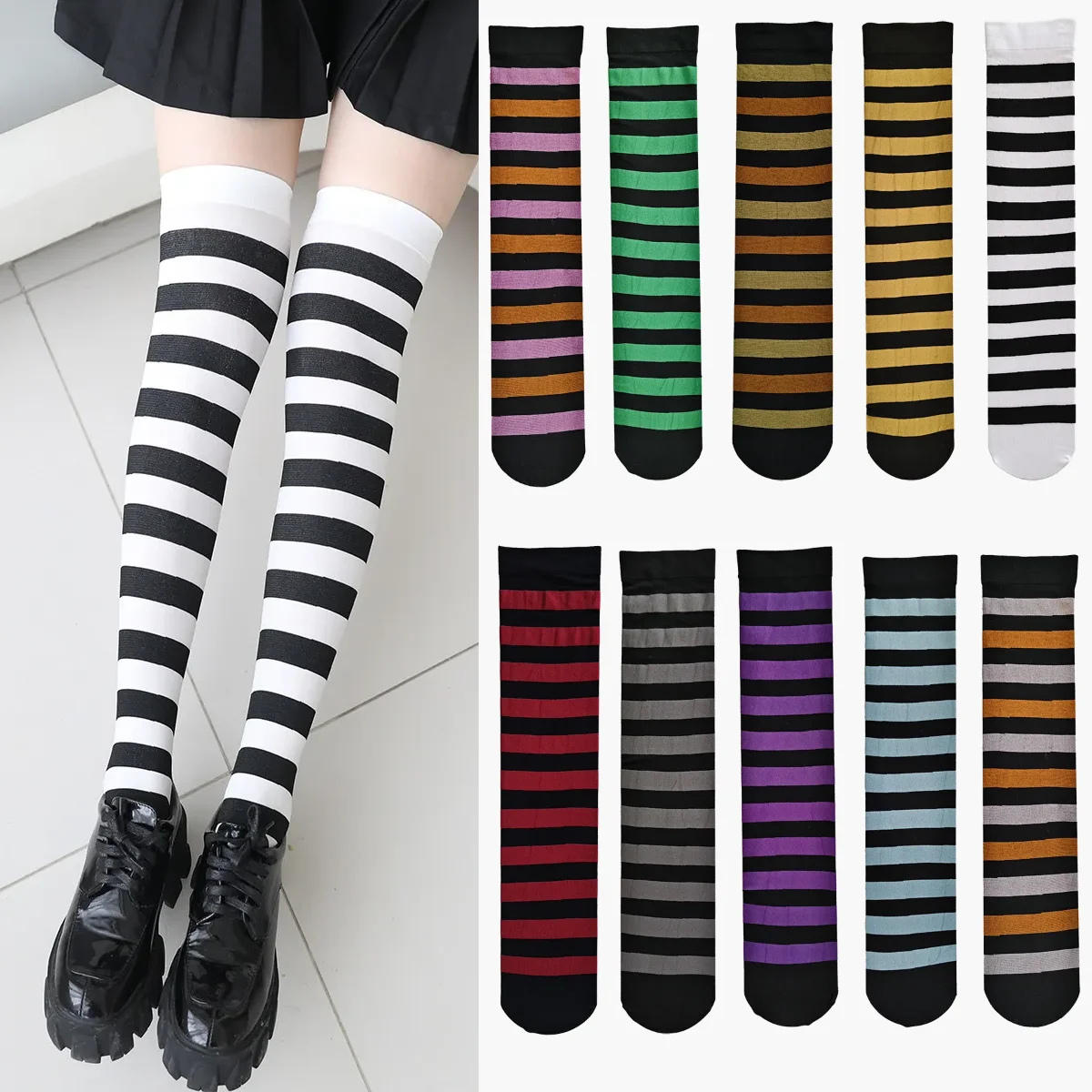 Women Stockings Color Matching Striped Preppy Style Thigh High Socks Women Japanese JK Girl Knee High Socks Thigh High Stockings