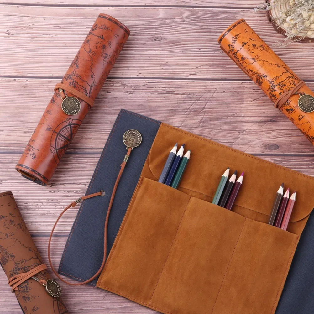 

2pcs PU Pencil Case Bag Design Big Capacity Foldable Strap Brown Color Desk Organizer