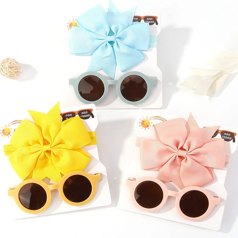 2Pcs/Set Newborn Solid Color Bows Headbands Baby Cute Seaside Sunglasses For Boys Girls Fashion Kids Headwear Hair Accessories