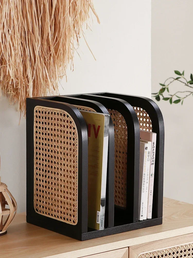 Rattan Magazine Rack Creative Home Black Storage Rack Japanese Style Small Apartment Rattan Light Luxury Small Bookshelf