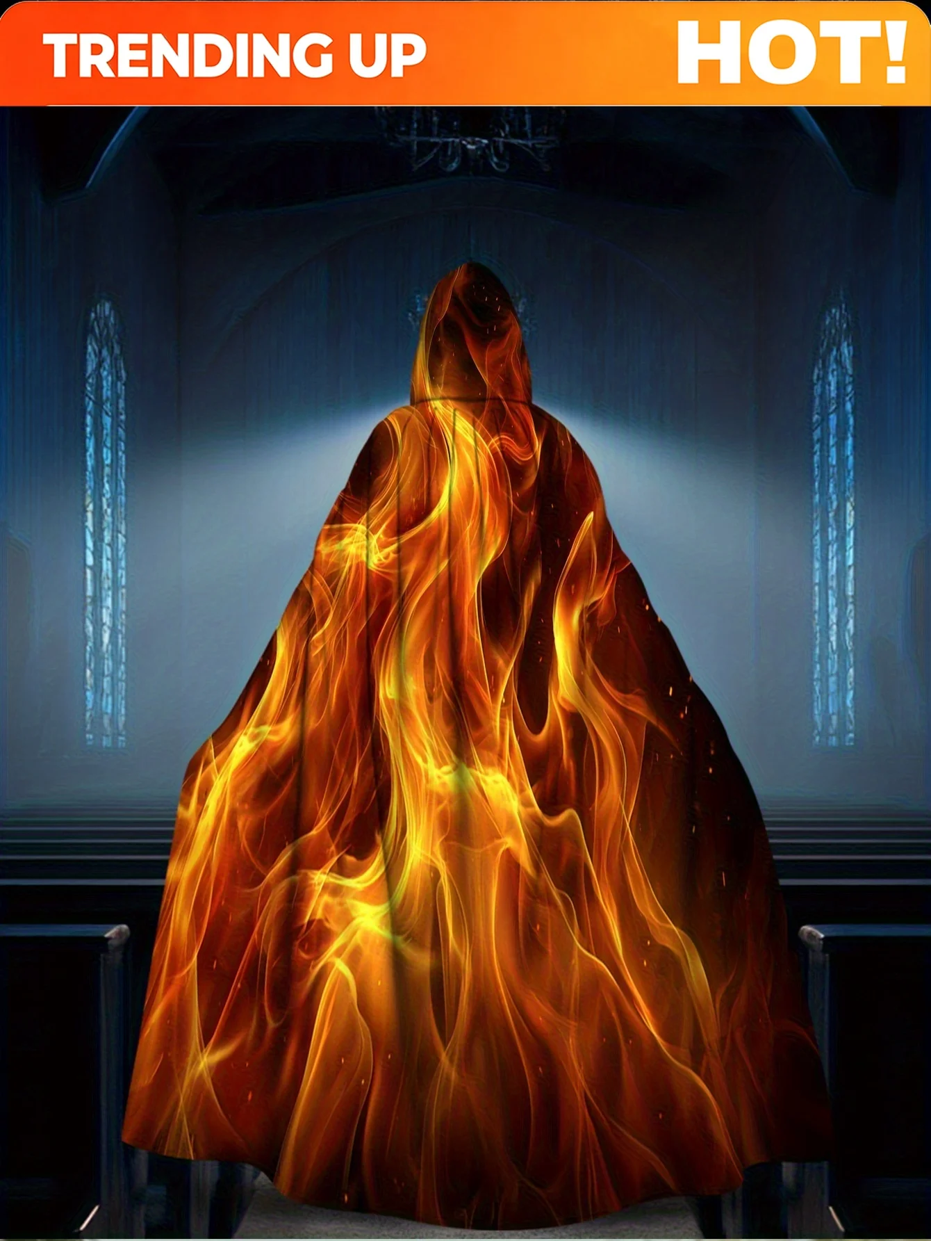 Customization 1pc Of 2D Flat Print Happy Halloween Medieval Hooded Cloak With Fiery Flames Made Of 100%, Perfect For Concerts