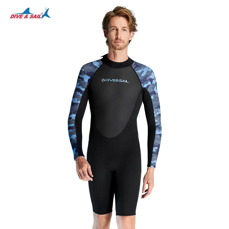 DIVE&SAIL diving suit 2MM long sleeved shorts jumpsuit with and warm insulation, suitable for swimming, snorkeling, and surfing