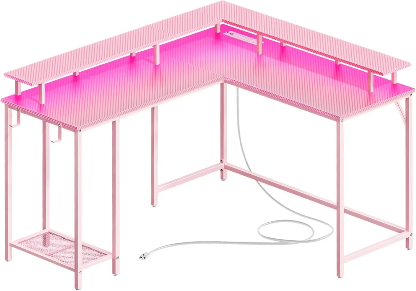 

L Shaped Gaming Desk with LED Lights & Power Outlets, with Monitor Stand, Home Office Desk Corner Desk with Headphone Hooks