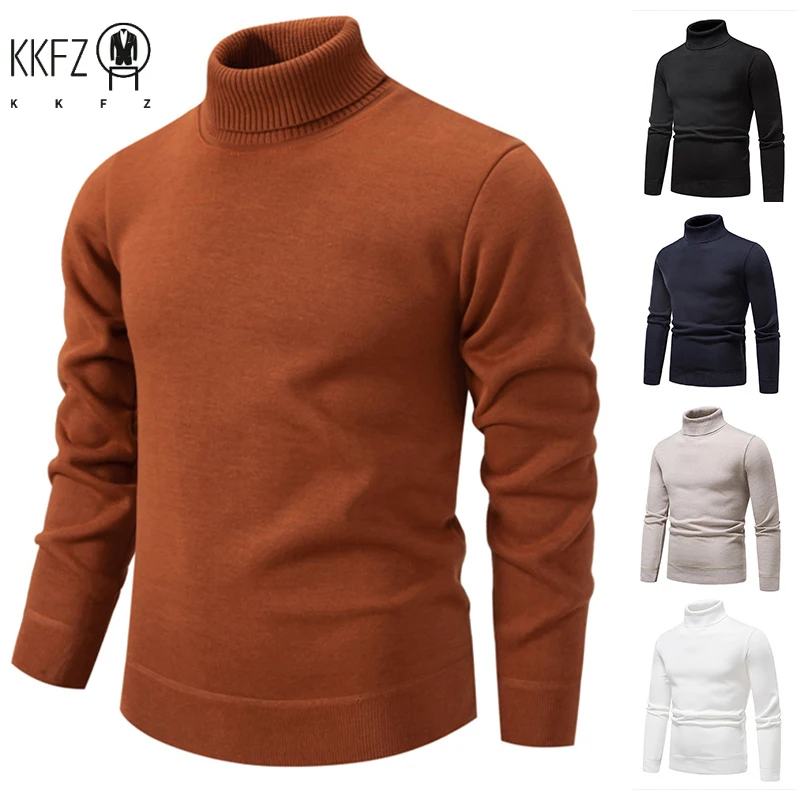 Men's Slim Fit Long Sleeve Turtleneck Sweater Anti-Pilling High Quality Knitted Solid Color Pullover Trendy Men's Clothing