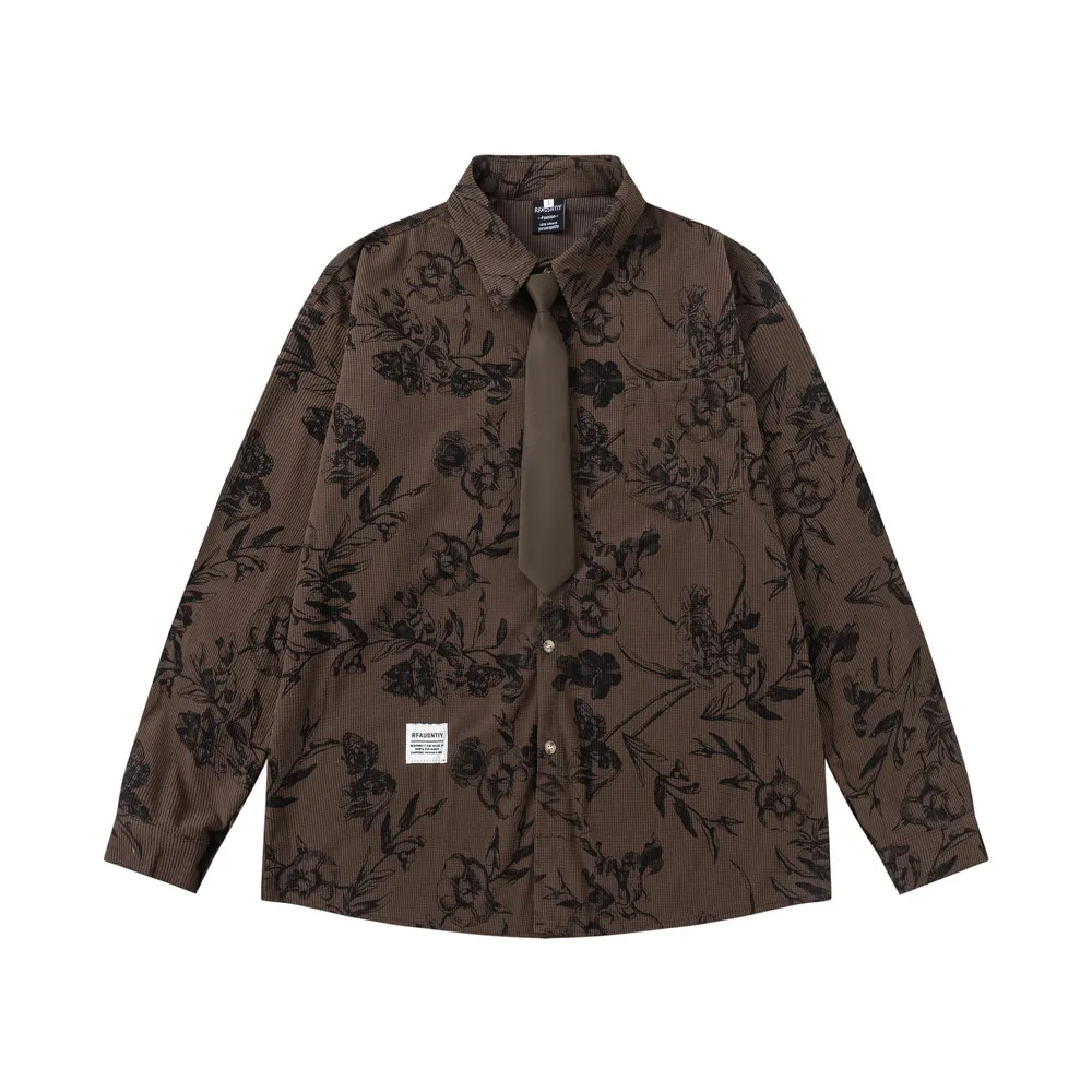 Spring Autumn Retro Green Red Corduroy Long Sleeve Shirt with Tie for Men Korean Style Handsome Design Loose White Brown Shirt