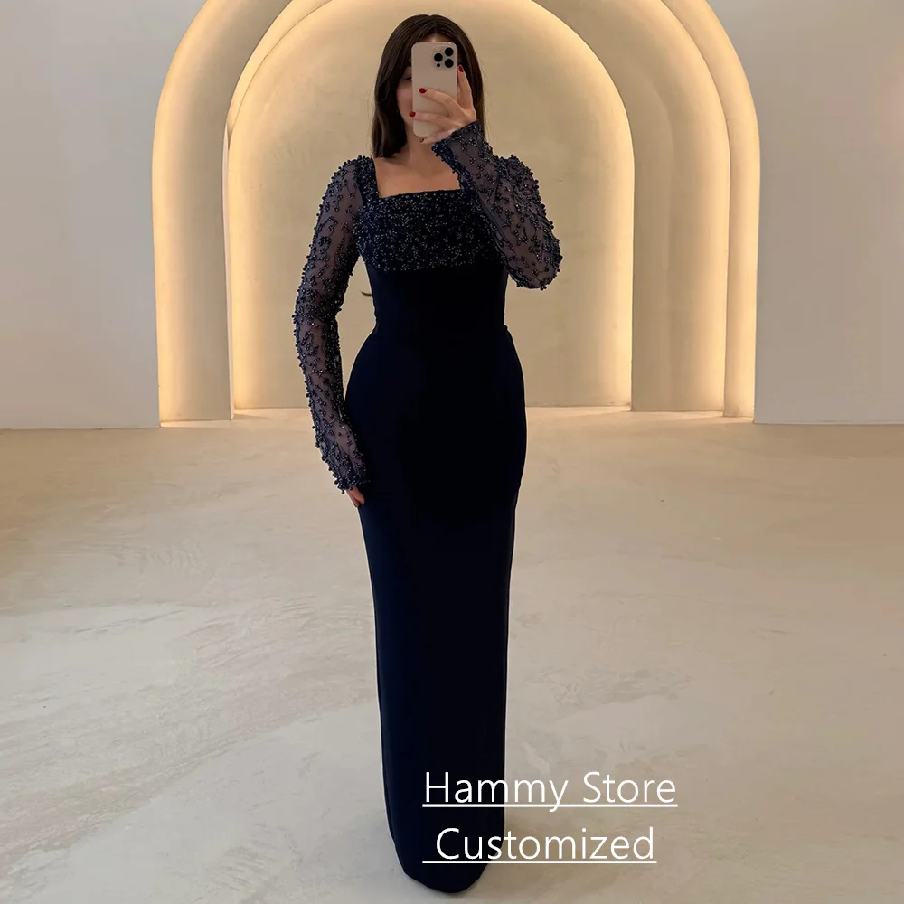 

Танцевальные платья для выпускного вечера по индивидуальному заказу с квадратным вырезом и длинными рукавами, расшитым жемчугом и блестками, длиной до пола, вечерние платья, длинные