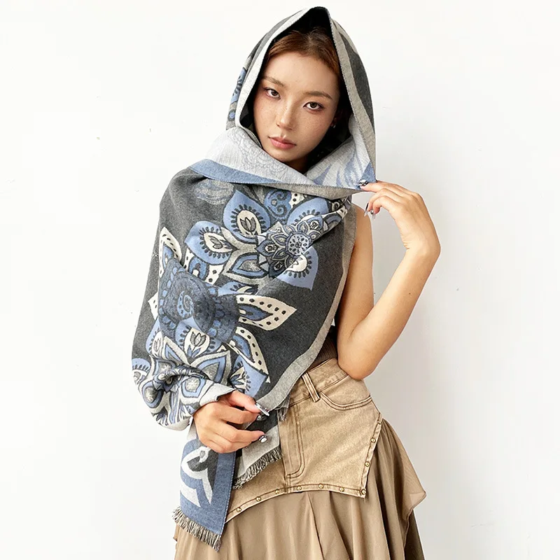 

2025 Cashmere-like Scarf Shawl for Women Autumn Winter Vintage Bohemian Wrap Floral Print Hijab Hair Wrap Elegant Neck Scarf