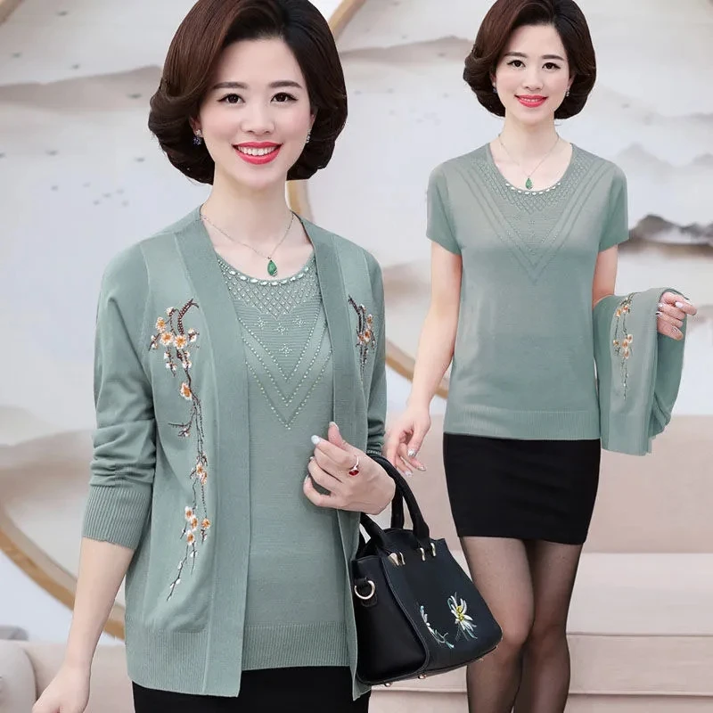 M-4XL Thực Hai Bộ Áo Len Trung Tuổi Mẹ Áo Cardigan Nữ Dài Tay Mỏng Thanh Lịch Phối Rời Nữ Áo Len Dệt Kim Phù Hợp Với w67