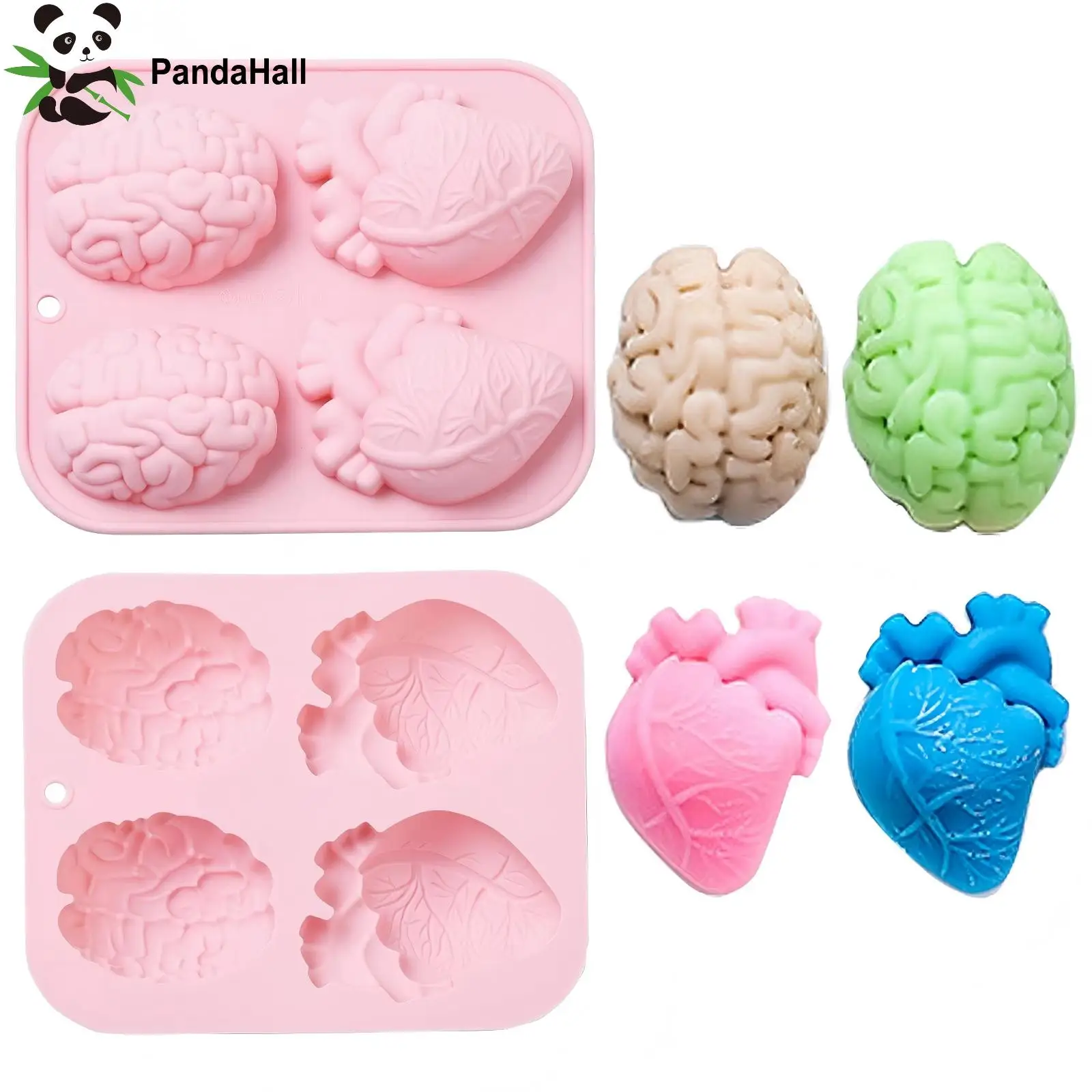 Pandahall2Pcs Pink Heart and Brain Silicone Molds Body Organ Shape Bloody Halloween Molds for Chocolate Dessert Decor Baking