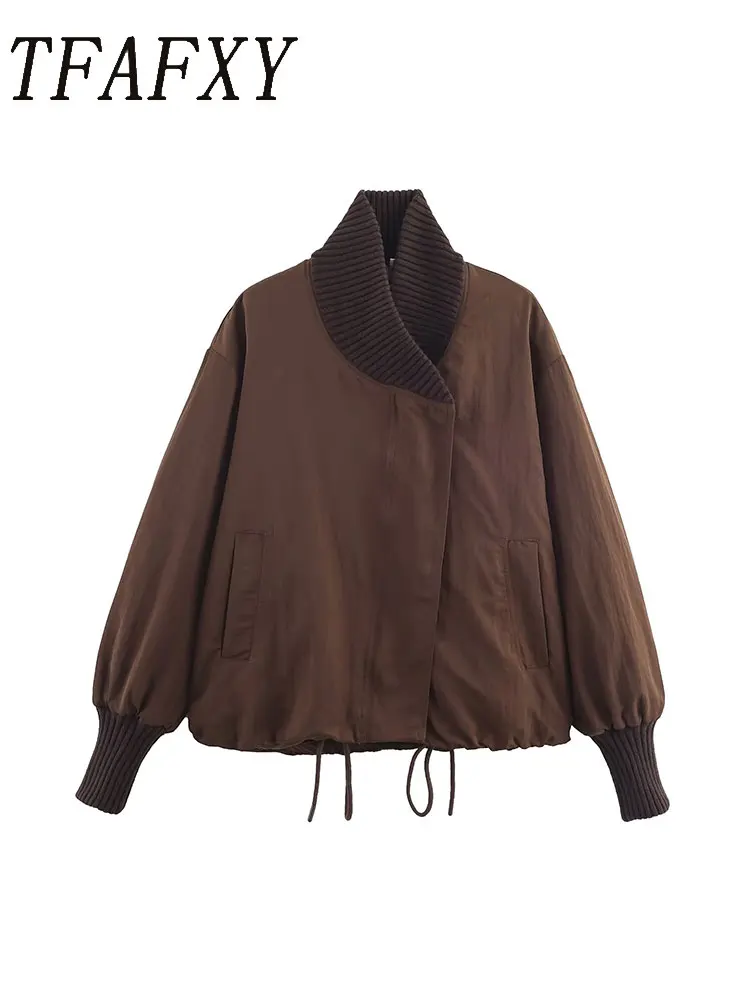 

TFAFXY Vintage Casual Chic Bomber Jacket Solid Zipper Pockets Long Sleeve Coats Fashion 2025 Autumn Winter Outwears