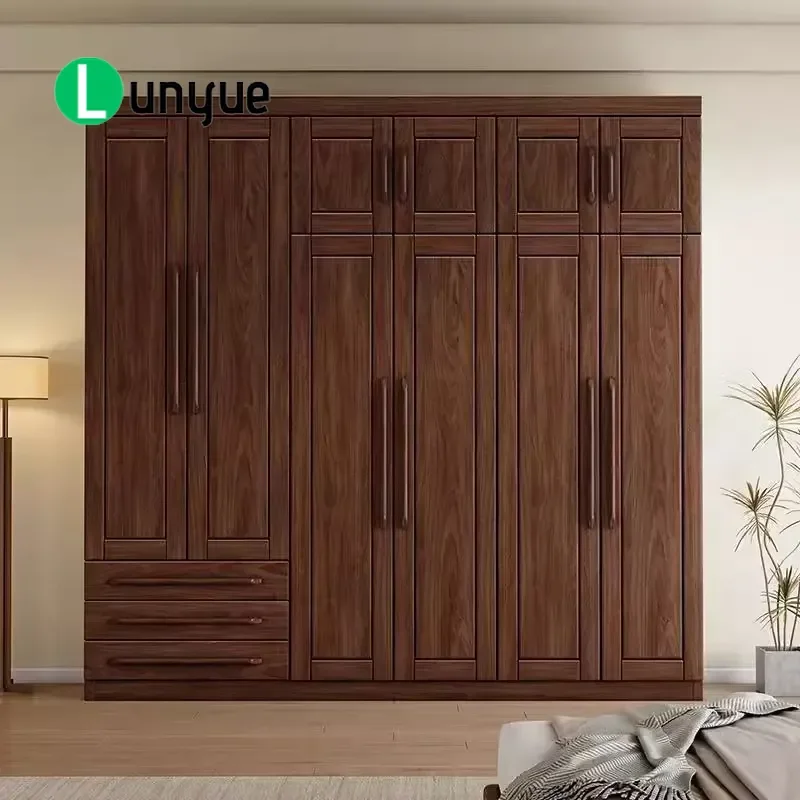 New Chinese Style Solid Wood Wardrobe Black Walnut Large Storage Cabinet Retro Light Luxury Bedroom Furniture Home Locker