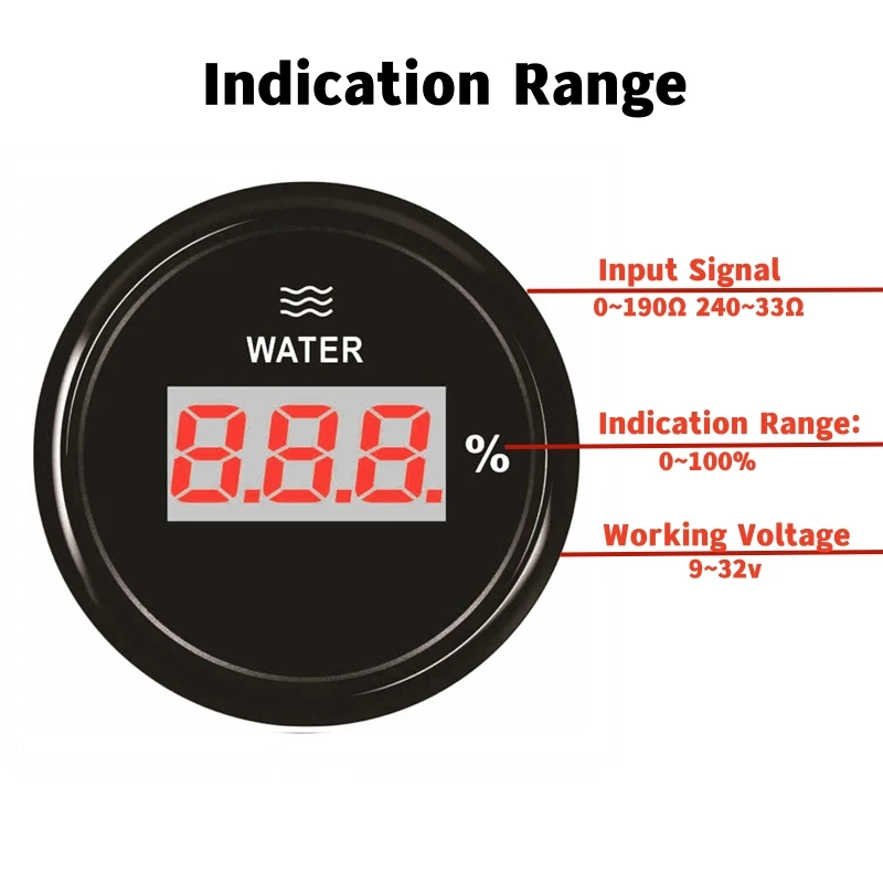 Auto Digital Water Level Gauges 52mm 0-190ohm Water Level Meters with Red Backlight for Boat 240-33ohm Signal