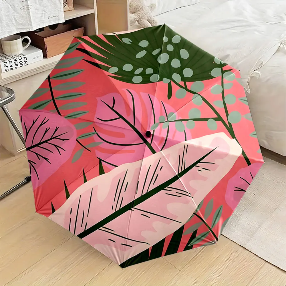 1PC Colorful Leaf Patterned Umbrella With Tropical Design Print 8 Iron Ribs Folding Umbrella Auto-Open Fashion Sunshade