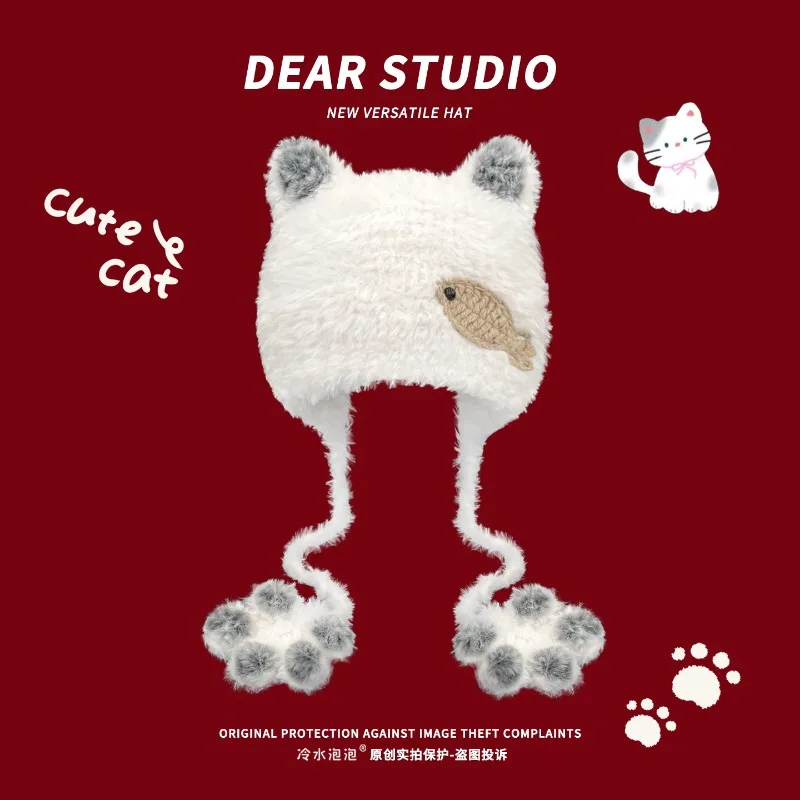 

Cute Plush Cat Claws Lace-up Ear Protectors Knitted Hat Winter Outdoor Sweet Riding Warm Cat Ear Skull Beanie Cap for Women's