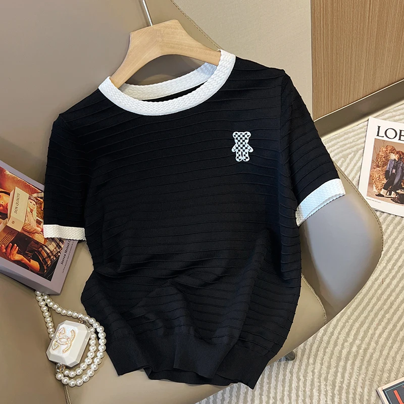 2023 summer Sweater new cotton T-shirt women casual pullover knitted sweater short sleeve round neck Oversized striped top