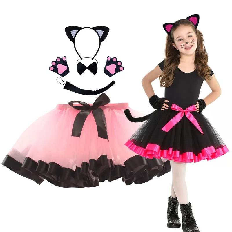 Cute Cat Costume Set for Girls,Cartoon Animal Tulle Tutu Skirt for Halloween,Kids' Half Skirt Outfit,Suitable for Children's Day