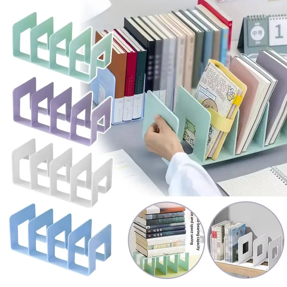4 Grids Book Organizer Rack Plastic Desk Bookends Stand Bookshelf Divider Magazine File Holder Home Office Desk Storage Holder