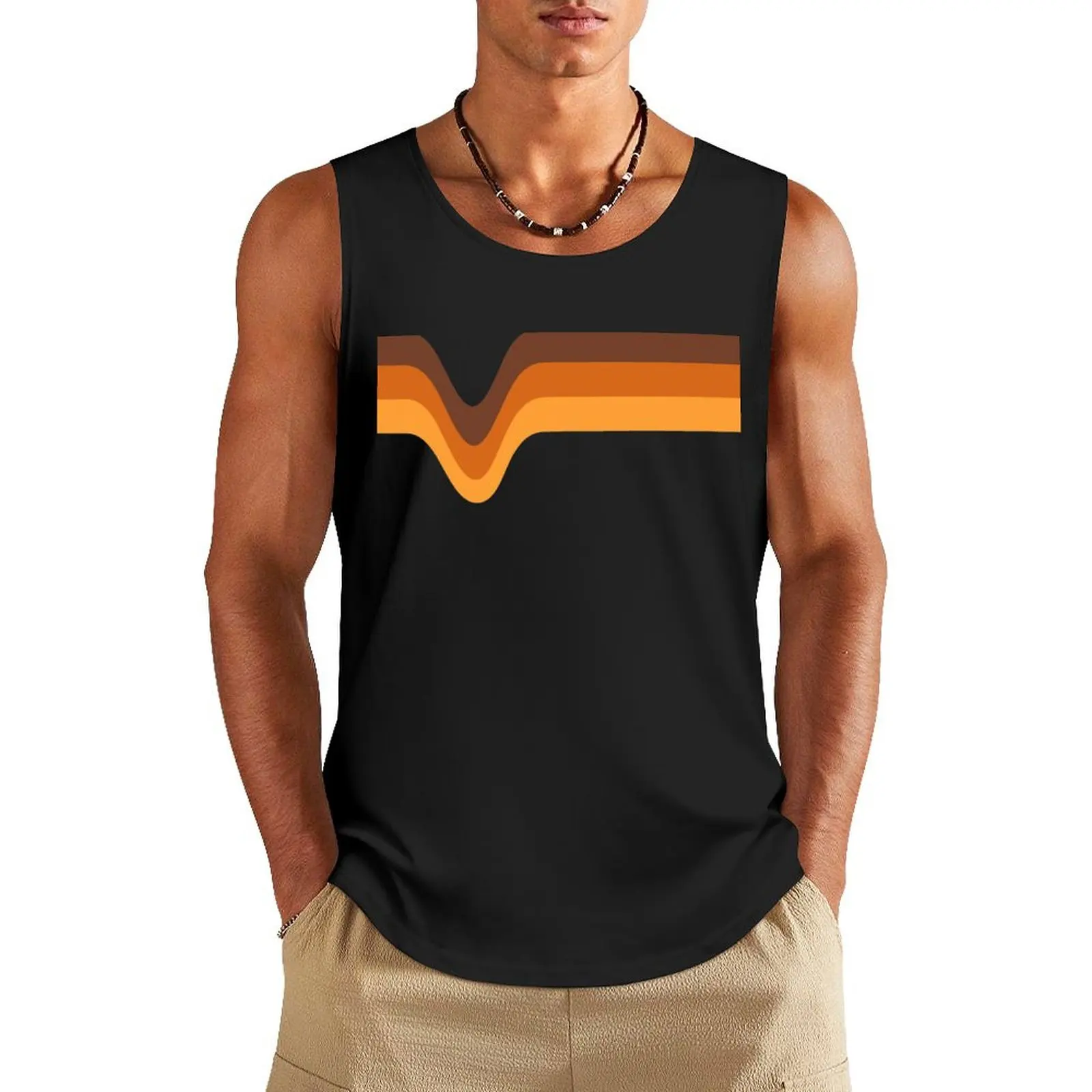 

70s 70’s Stripes Brown Orange Yellow Tank Top singlet for men fashion 2025 man