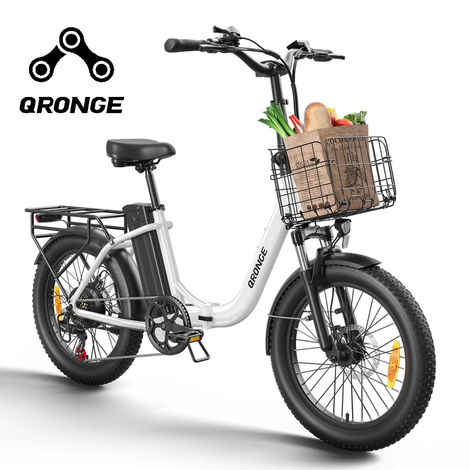 

QRONGE Electric Bike 1000W Peak Folding Electric Bike 486Wh 70 Miles Range Ebike 20" Step-Thru Electric Bicycle with Bike Basket
