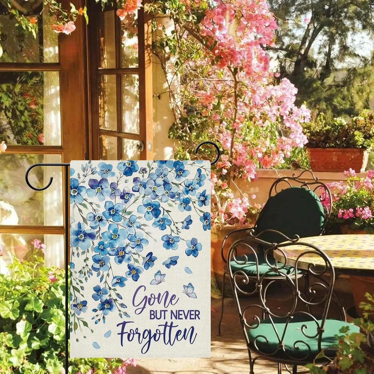 Dyrenson Gone But Never Forgotten Memorial Decorative Garden Flag, Blue Forget-Me-Not Flower Cemetery Yard Outside Home Deco zzo