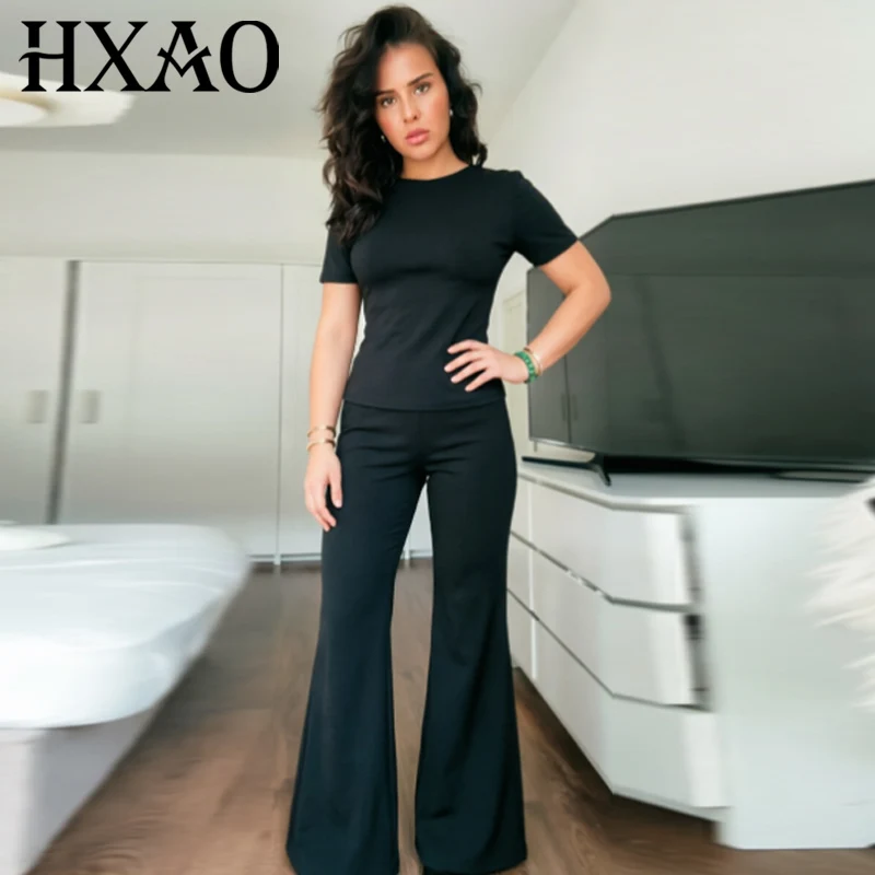 Conjunto de Dos Piezas para Mujer HXAO, Traje Negro y Blanco, Pantalones Anchos de Cintura Alta Elástica, Camiseta de Manga Corta Ajustada sin Espalda