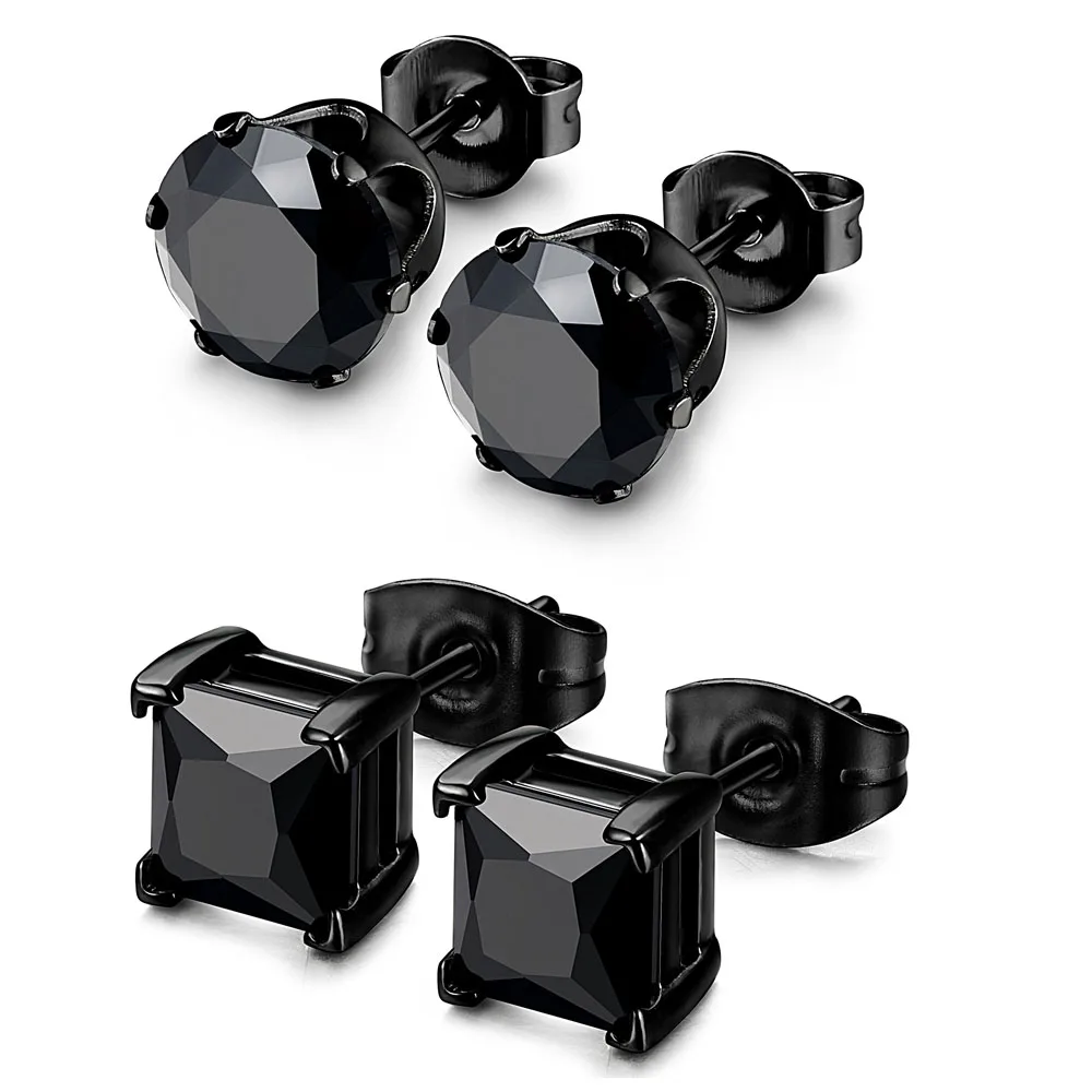 1-2 Pairs Hypoallergenic 316L Stainless Steel Square Round CZ Stud Earrings Sensitive Ear Studs Jewelry Set for Men Women 3-8MM