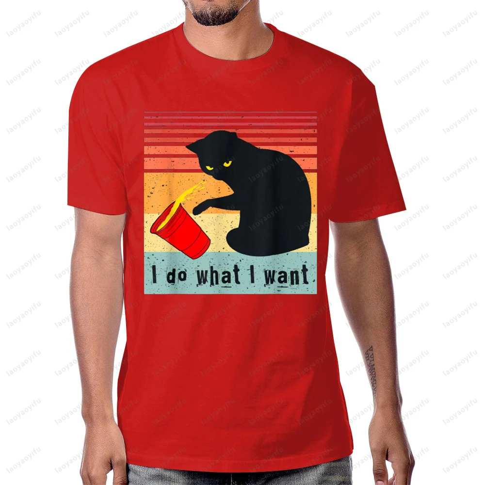 افعل ما أريد خمر القط الأسود كوب أحمر مضحك قطتي تي شيرت الصيف الشارع الشهير موضة عادية كم قصير Y2K للجنسين تي شيرت #5