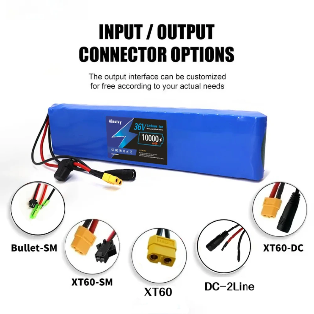 

36V 10Ah Battery Pack with 15A BMS Fuse Holder - 10S3P 10000mAh 18650 Lithium Ion Rechargeable+ 42V DC Charger