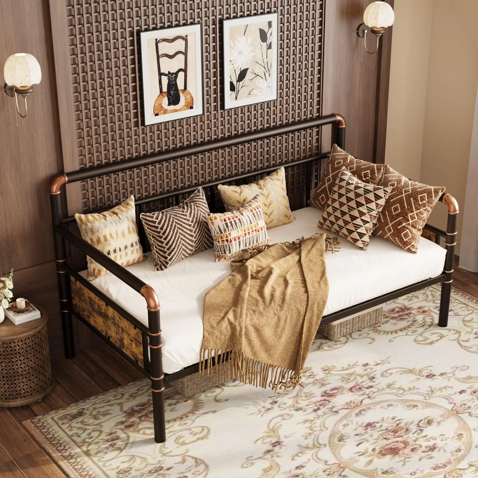 Metal Daybed Frame Industrial Pipe Sofa Bed Bronze Heavy Duty Steel Slats Platform Day Bed Easy Assembly No Box Spring Needed