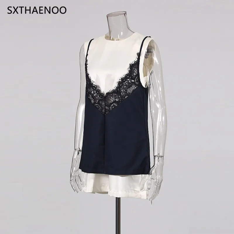 SXTHAENOO Fake Two Piece Set Tank Top Women Round Neck Sleeveless Patchwork Lace Camisole Hit Color Holiday Style Vest Female