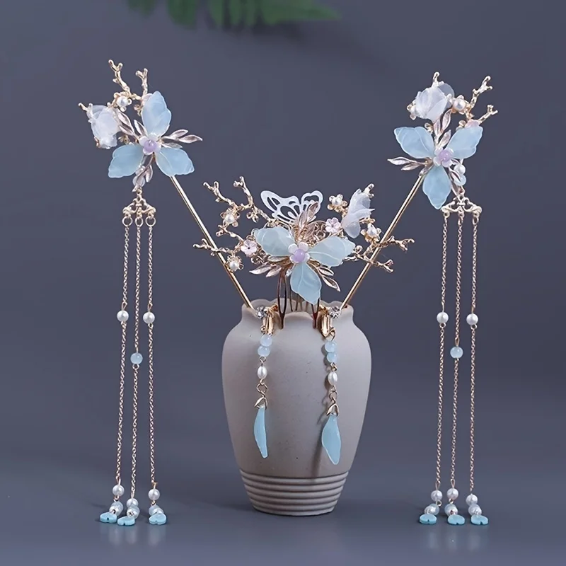 Chinese Style Pearl Crystal Hairpin Earring Set For Women Bride Party Hanfu Wedding Bridal Hair Accessories Jewelry Pin Band