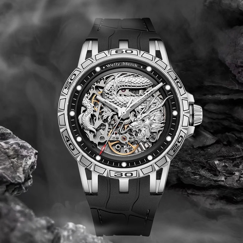 

WM Watch Автоматические механические часы с 3D тиснением дракона Модные и крутые деловые часы Welly Merck WM128M