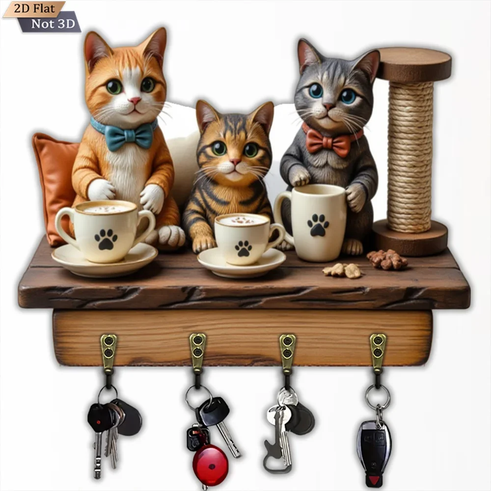 , 2D Flat, 1pc, cat-shaped key hook, wooden multifunctional home key hook, with four metal hooks, wall decoration, porch